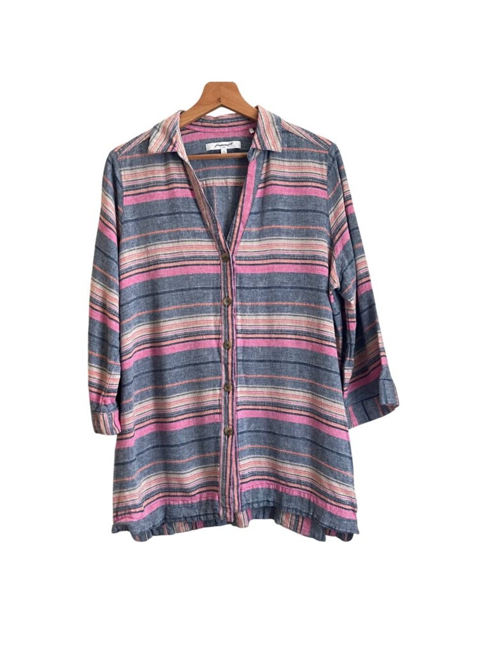 Foxcroft NYC Womens Coastal Linen Blend Tunic Top Size 14 Striped Beachy Preppy